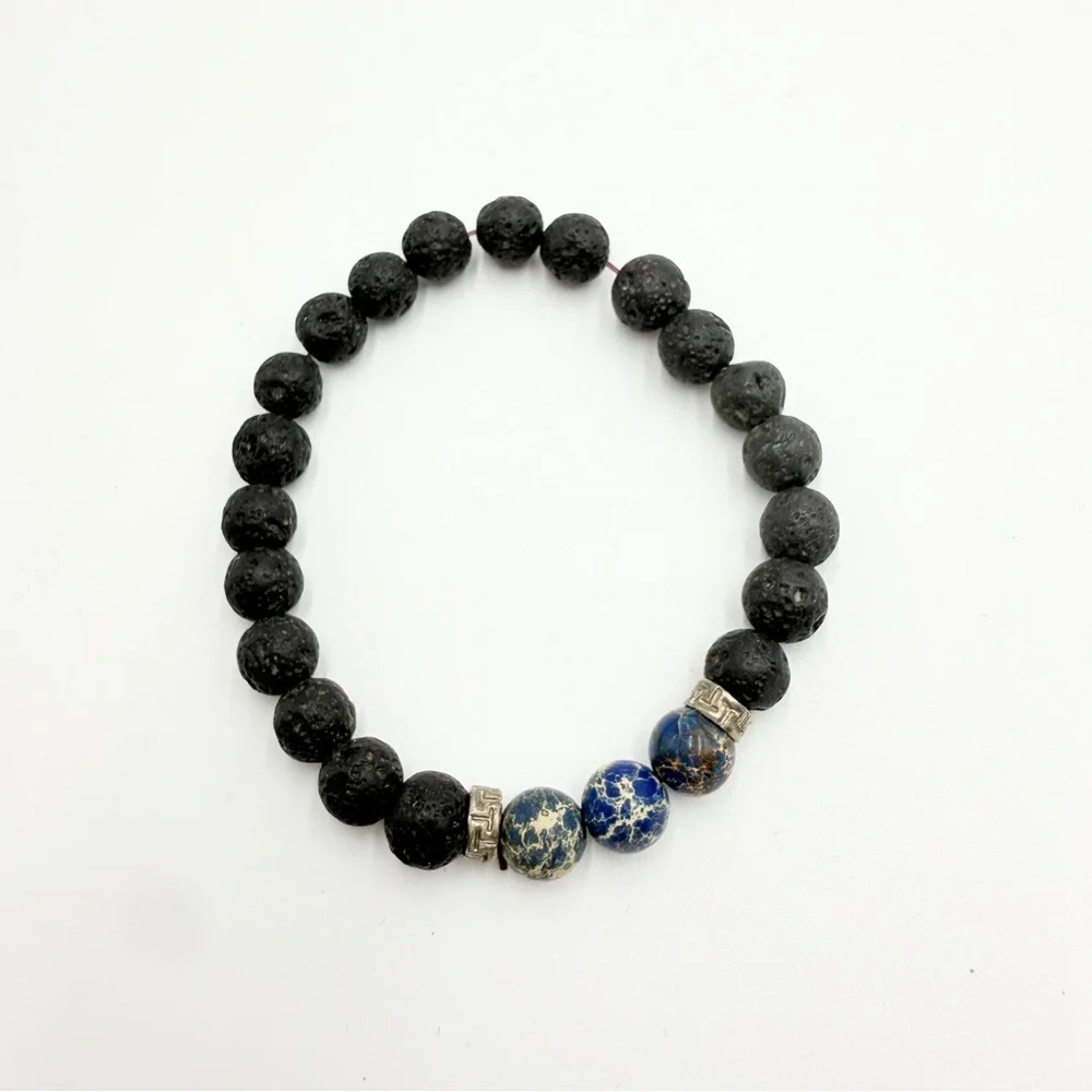 Blue Aqua Terra Jasper Black Lava Black and Blue Beaded Bracelet - Picture 7 of 10